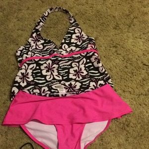 Pink floral tank top bikini with skirt